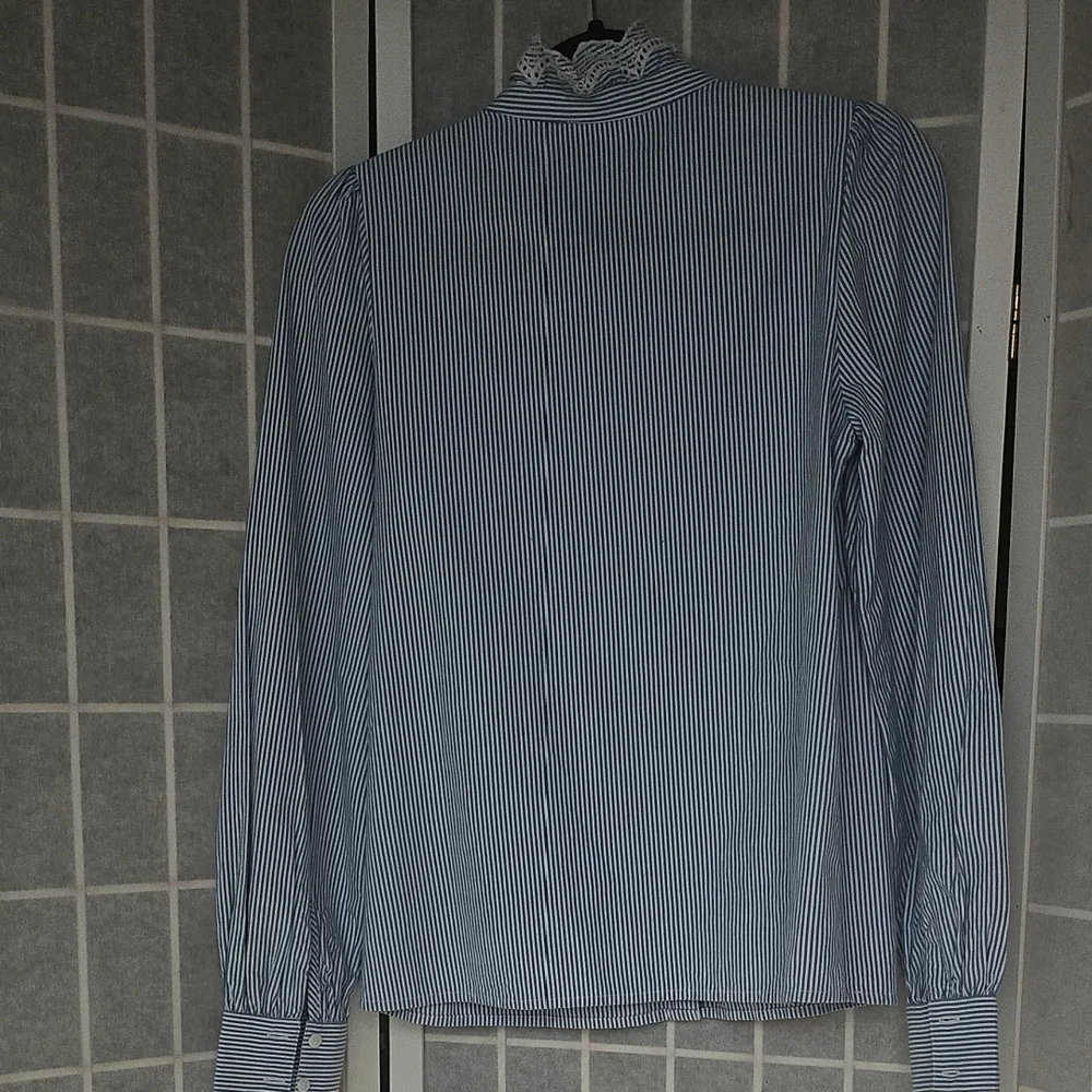 Navy Striped Women's Blouse with Ruffle Detail - Picture 3 of 11